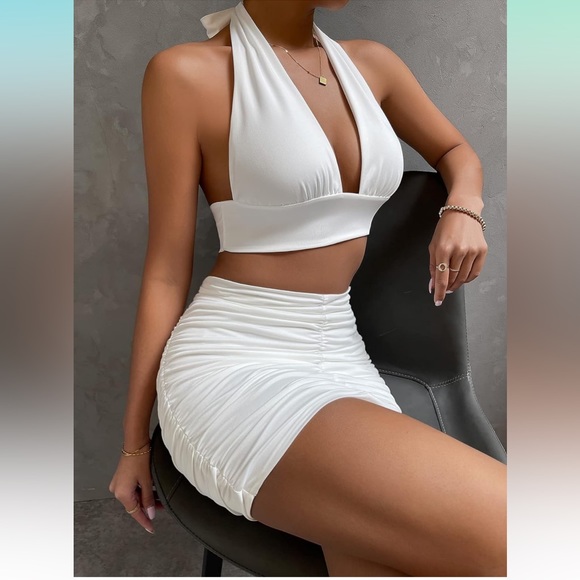 White 2 Piece Outfit - Halter Top and Ruched Mini Skirt Set - Picture 3 of 4